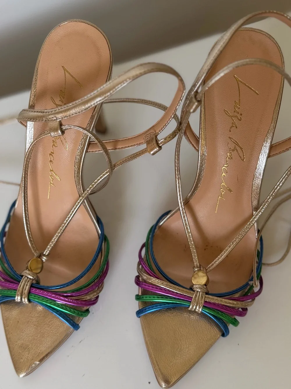 Luiza Barcelos Metallic Gold Multicolor Strappy Heels Sandals